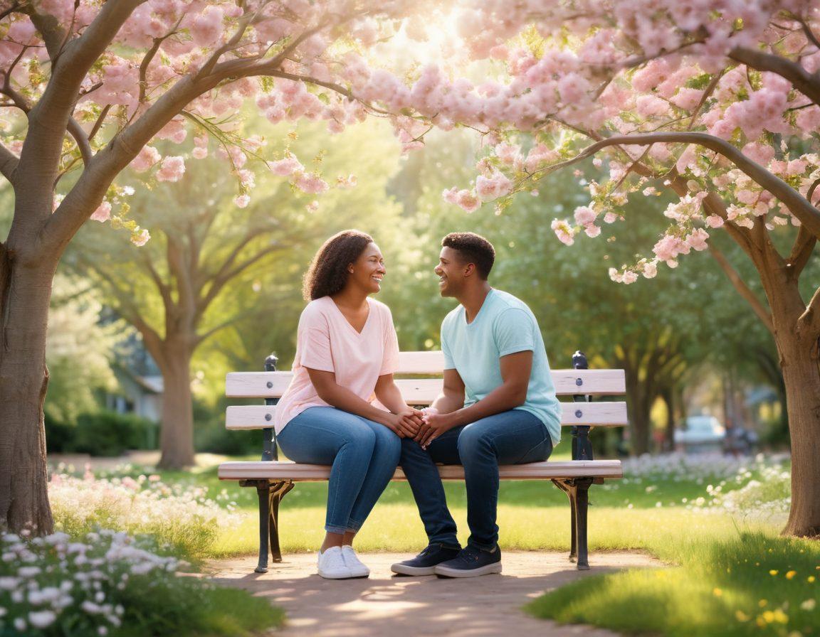 A warm, inviting scene depicting two friends sitting on a park bench, sharing laughter and deep conversation, surrounded by blossoming flowers symbolizing growth. Soft sunlight filters through the trees, creating a peaceful ambiance. The background displays a subtle heart shape formed by intertwining branches, representing the journey from friendship to soulmate connection. pastel colors. super-realistic. soft focus.
