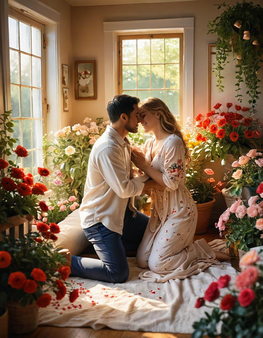 A cozy couple sharing a heartfelt moment in a sunlit room, surrounded by symbols of love like intertwined hearts and blooming flowers, capturing the essence of emotional intimacy. Include soft warm colors and gentle expressions that convey deep connection, with a subtle background suggesting a beautiful garden. super-realistic. vibrant colors. warm tones.